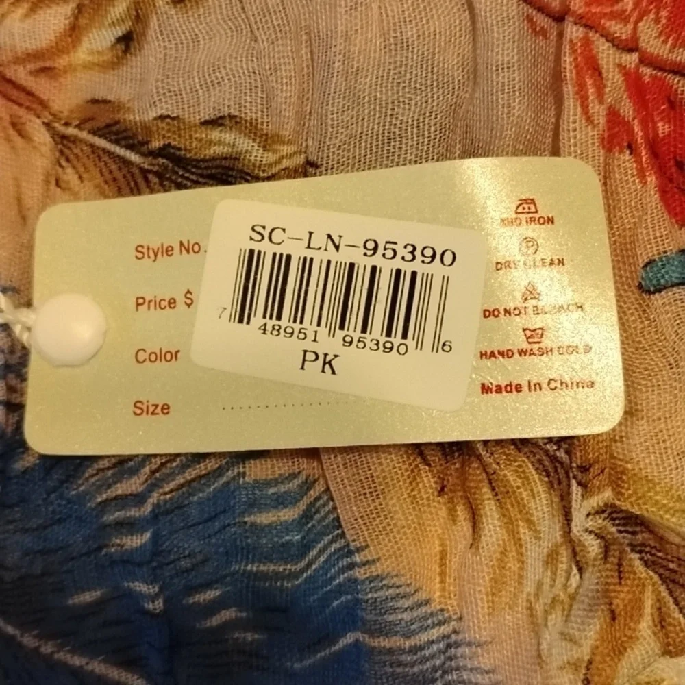 Pretty Angel Linen Scarf with Multicolor Pattern and Beads, NWT